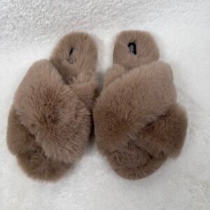 Nine West Womens Faux Fur Crisscross Slide Slippers Taupe Brown Large 9-10